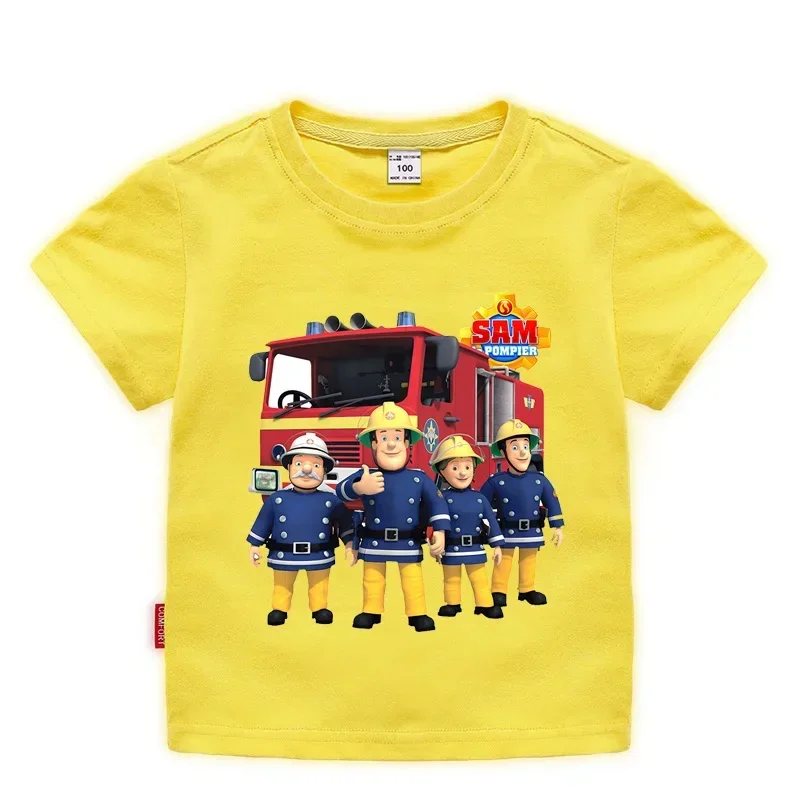 Children Cartoon Fireman Sam Print Cotton T-shirts for Boy Shirt Girl Short Sleeve Tee Top Clothes Kids Clothing Unisex 2-10Year