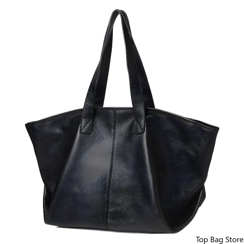 Timeless Minimalist Work Shoulder Bag for Women Soft Black Genuine Leather Large Capacity Everyday Casual Luxury Handbag