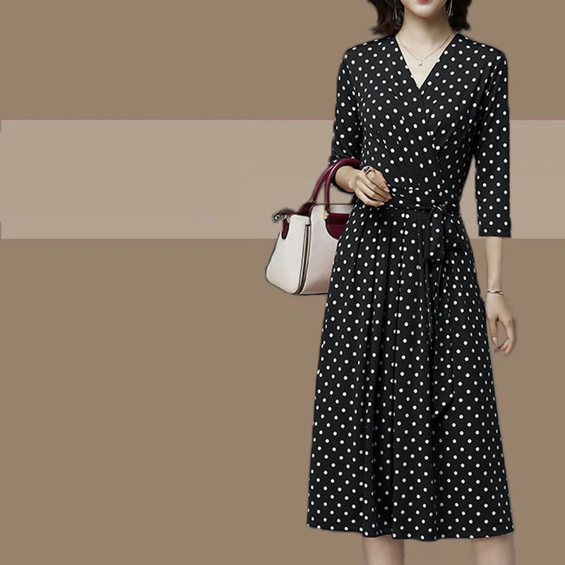 Dress Ladies Polka Dots Maxi O-Neck Slim Empire Elegant Boho Plus Size Dresses For Women 2022 Office Simple All-Match A-Line