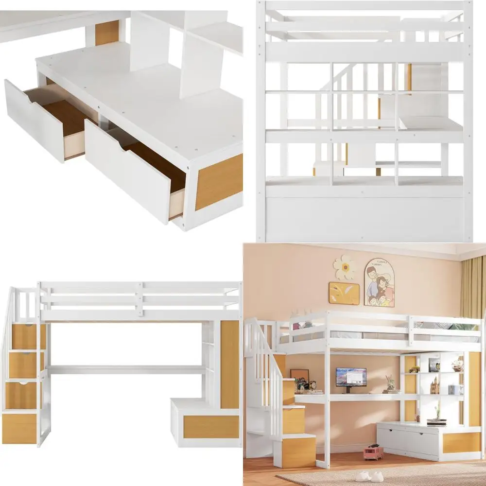 

Full-Size Loft Bed with Desk, Storage Stairs, Bookshelves & 2 Drawers, Suitable for Kids, Teens, and Adults, White and Natural W