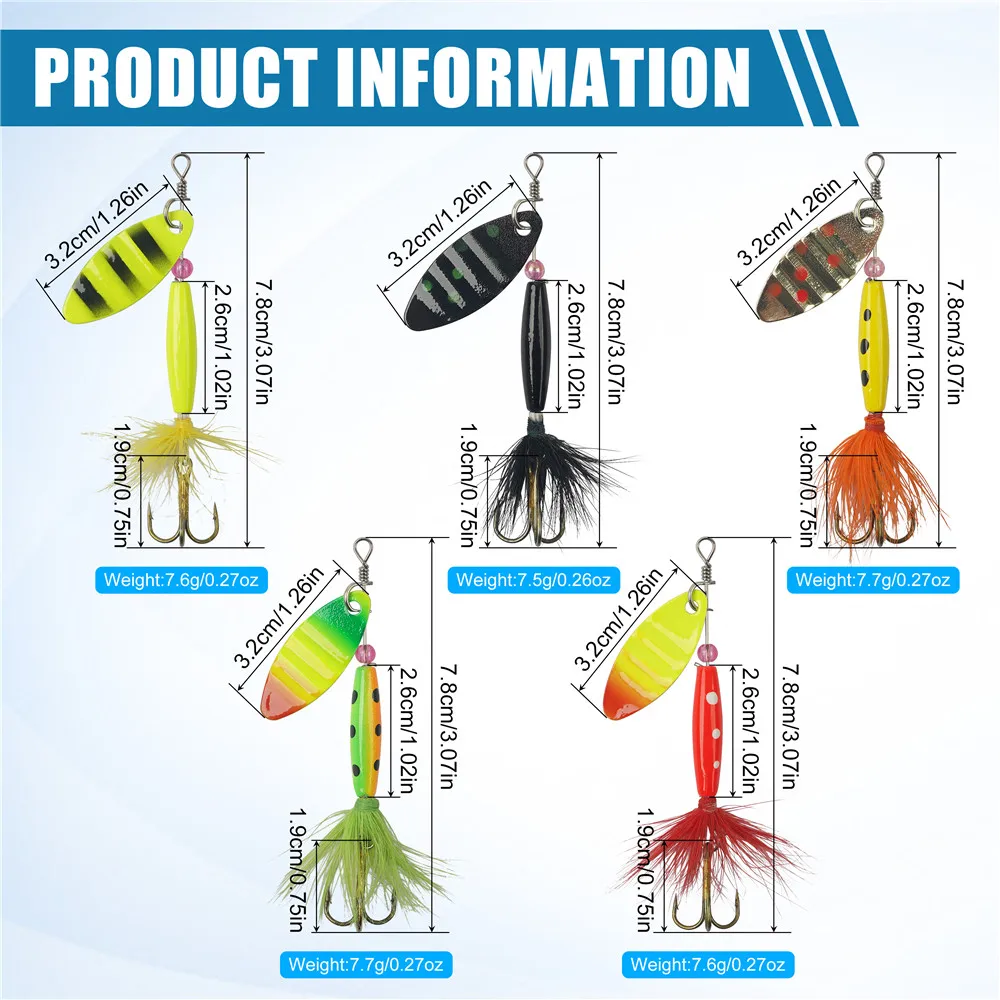 스피너 낚시 미끼 스피너 미끼 스푼 루어, 깃털 트레블 후크 포함, 파이크 송어 연어 배스 스피너 루어, 5 개, 10 개, 16 개