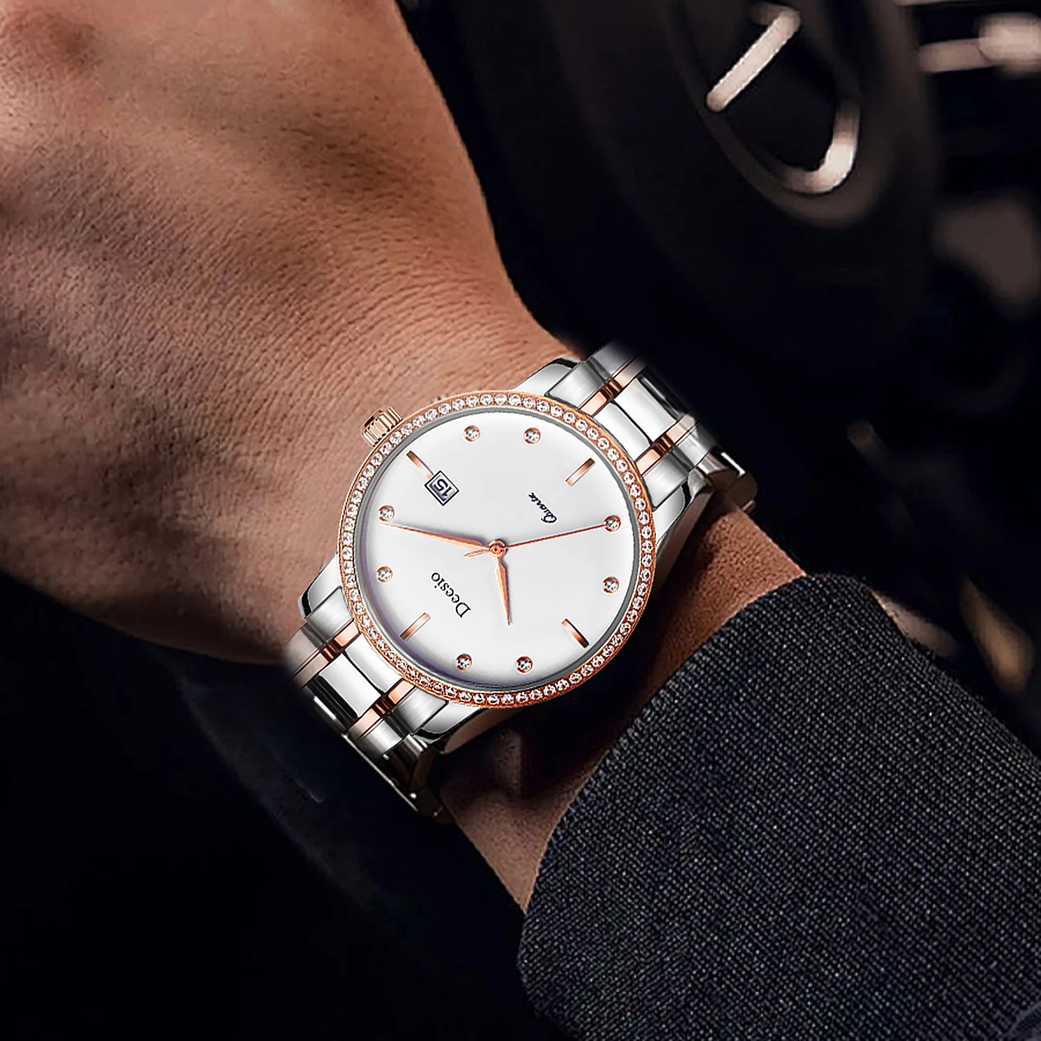 Deesio Orologi al quarzo da uomo Acciaio inossidabile resistente all'acqua Business di lusso Casual Lancette luminose Visualizzazione della data Regalo di nozze