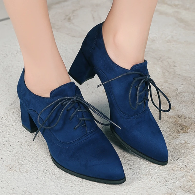 Blue Medium Heels Women's Oxfords Shoes Big Size 45 Spring 2025 Lace-up Green Black Short Heeled Loafers Footwear Shoes Girls