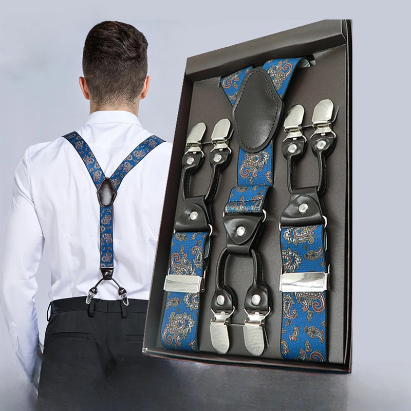 Versatile 3.5cm Cashew Print Adult Suspenders Heavy Duty 6 Strong Clips Y-Shaped Adjustable, Elastic for Business Wear  Braces