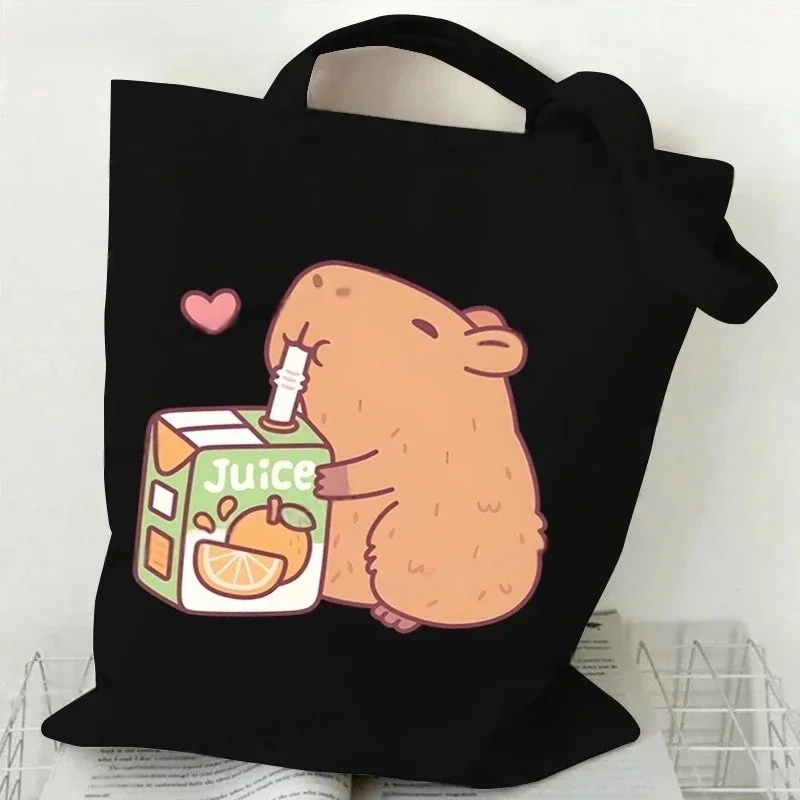 Bolso de mano de lona de capibara de té Boba negro ecológico, bolso de hombro con estampado de animales Harajuku para mujer, bolso de compras de dibujos animados bonitos