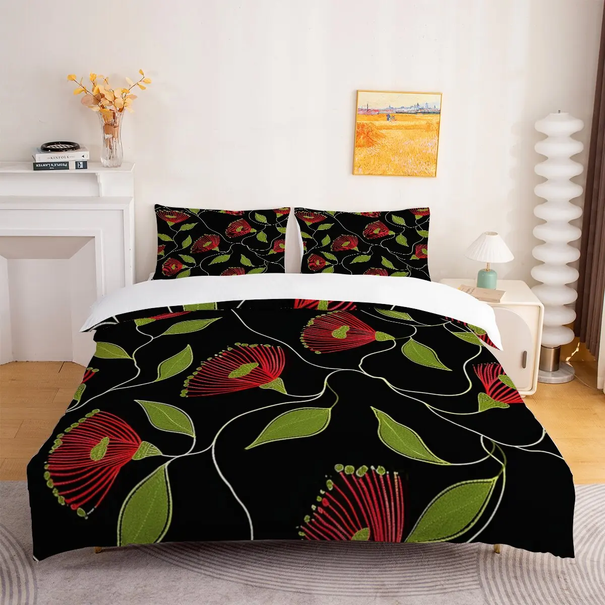 Red plant flowers  Down comforter set large size  Green plant leaves  Room decoration bedding set