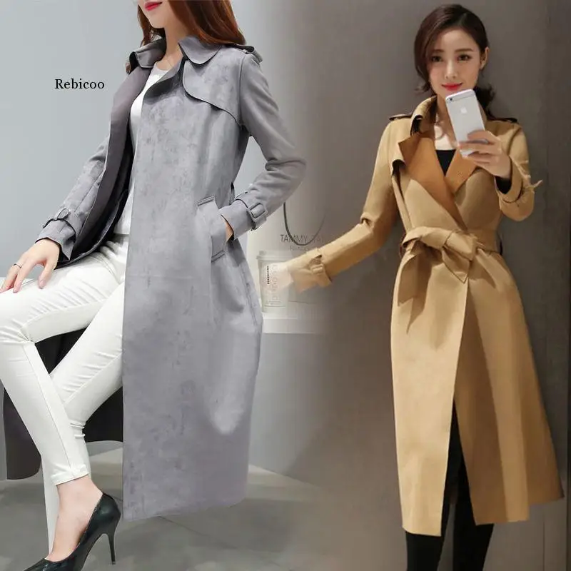 Autumn Spring Long Faux Leather Suede Trench Women Fall Ladies Korean Khaki Red Pink Large Size Faux Suede Coat