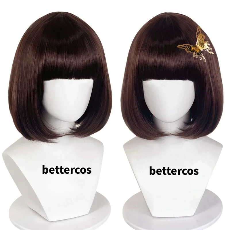 Akiko Yosano Wig Anime Short Bob Purple-Black Heat Resistant Cosplay Hair Wig Butterfly Hairpin