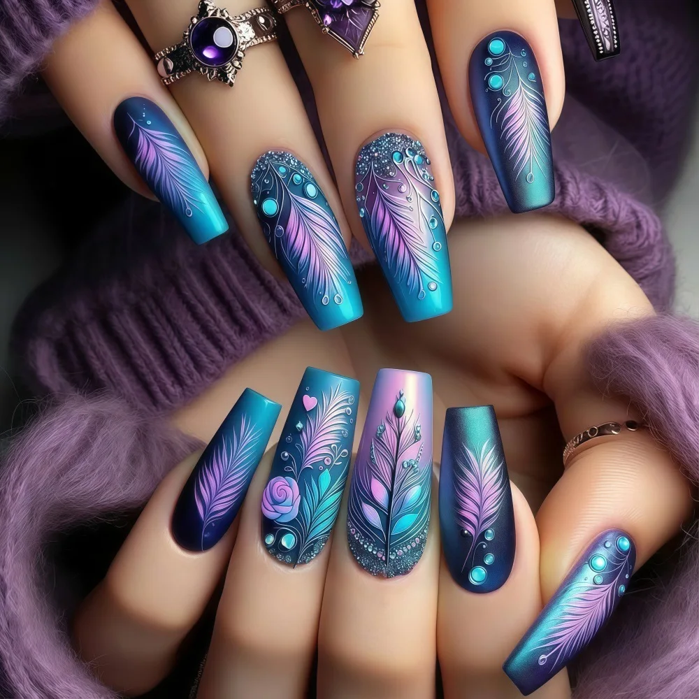 Medium Fake Nails for Women Girls Gradient Ice Blue Purple Flowers Flora Wave Strips Ballet Square Nail Tips Press On False Nail