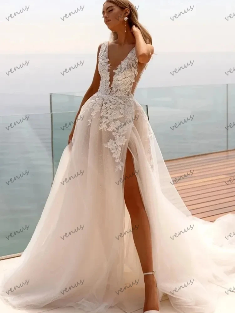 Klassische Brautkleider A-Linie Tüll gestufte Brautkleider Spitzen applikationen sexy hoch geschlitzte ärmellose Roben Vestidos de Novia