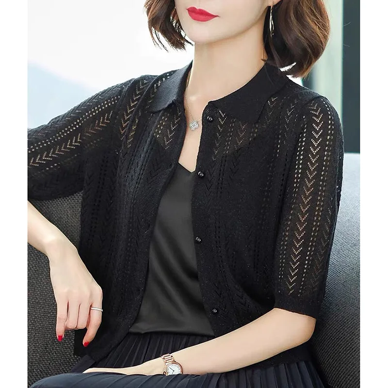 Fashion Lapel Knitted Button All-match Hollow Out Shirt Women\'s Clothing 2023 Summer New Casual Tops Half Sleeve Korean Blouse