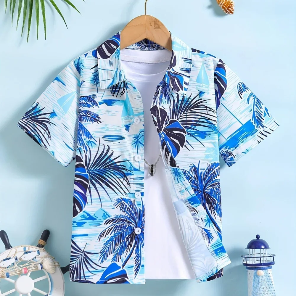 Hawaiian Children's Shirt Coconut Tree Pattern Print Kids's Short Sleeves Shirt Holiday Seaside Tops Outdoor Children's Clothing