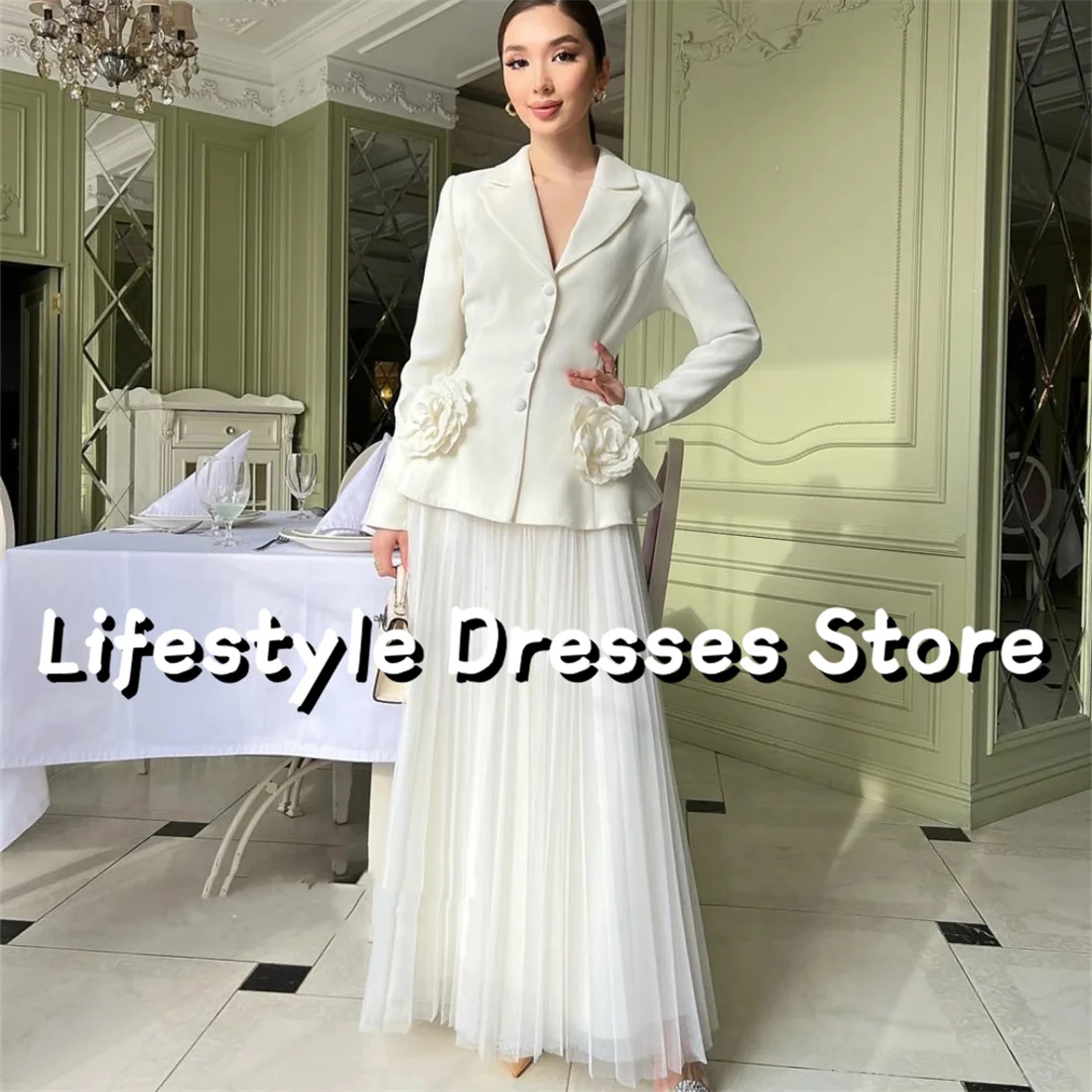 

2 Piece Long Sleeves Flower Prom Dress Pleated A-Line Buttons Elegant Evening Dresses 2024 Formal Party Gown