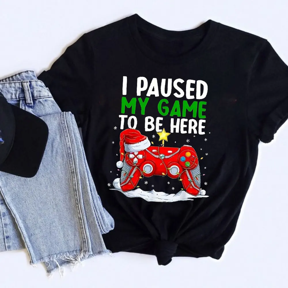 

Funny Gaming Christmas Women'S T-Shirt "I Paused My Game To Be Here" Controller Design with Santa & Game Controllers Tops