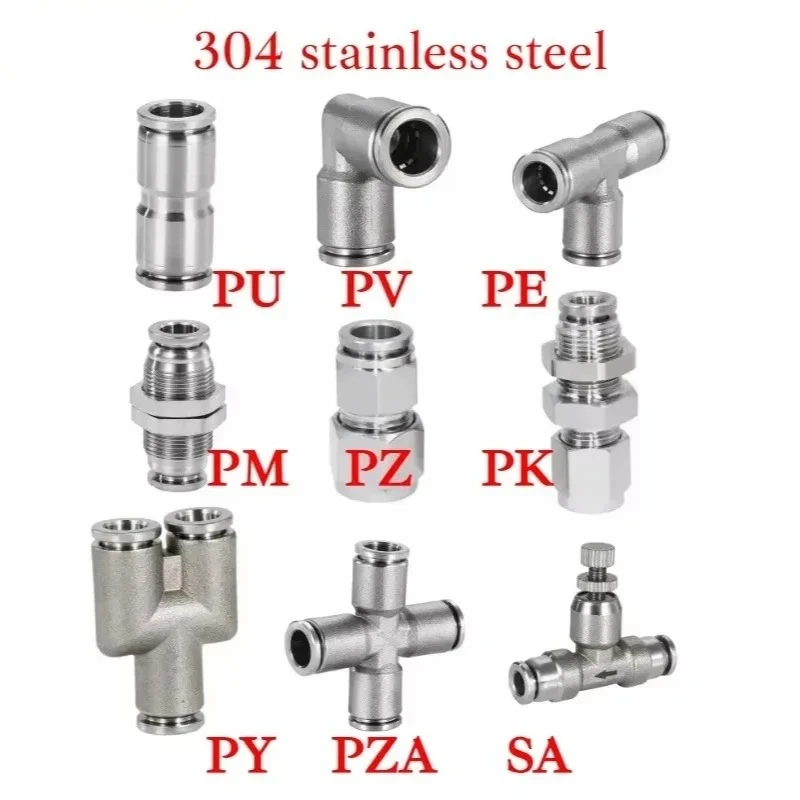 Stainless Push In Connect Pneumatic Air Fitting, 2 3 4 Ways Elbow Tee Y Cross Bulkhead Compression, 4 6 8 10 12 14 16 mm Tube OD