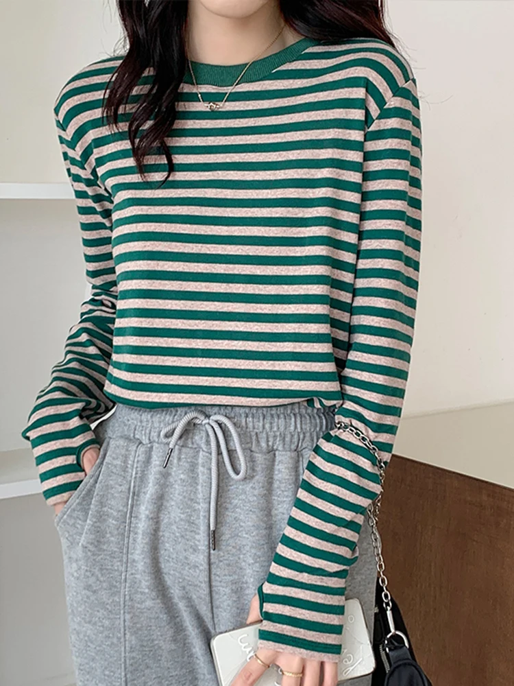 Korea Cotton T Shirt Women 2022 Autumn T-Shirt Woman Casual Top Tee Female Green Black Striped Long Sleeve Tshirt Basic Winter