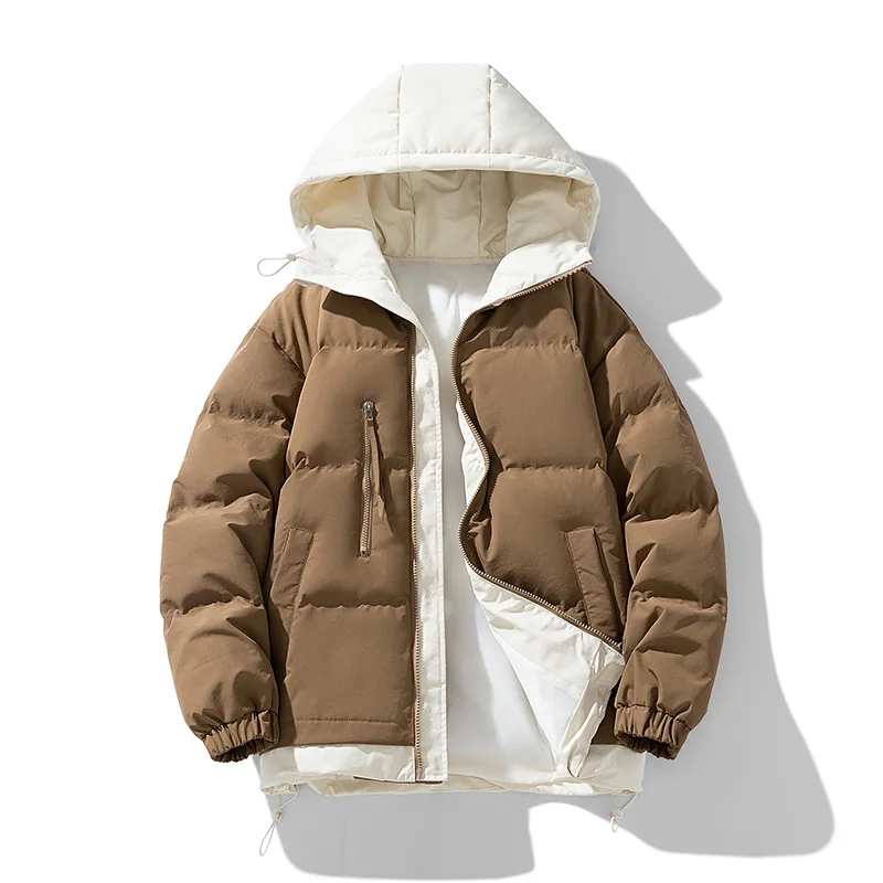 Color matching warm cotton coat, men's winter fake two thick hooded fashion couple coat, 2024 men's winter new fashion bread sui