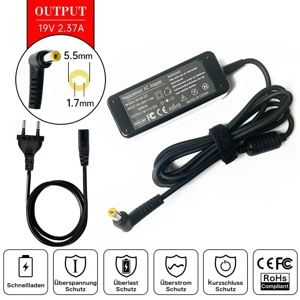 19V 2.37A 45W 5.5MM*1.7MM Laptop AC Adapter Charger for Acer Extensa 215-51 2509-C052 2519,Acer Aspire 1 A114-32 A111-31