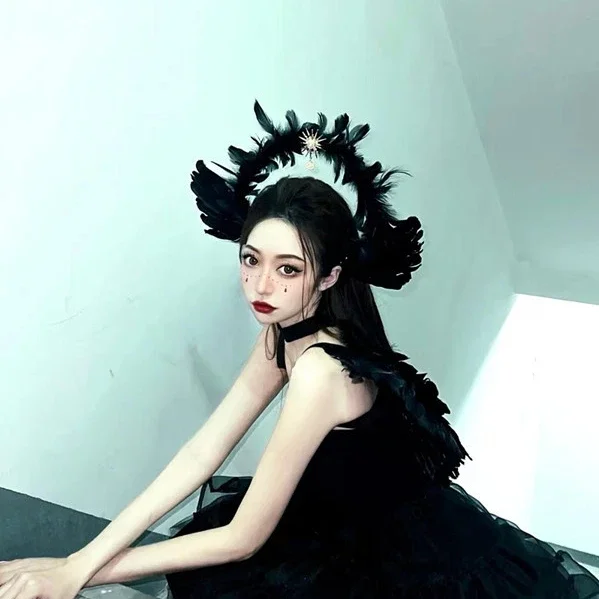 Lolita Black Feather Devil Goddess Sun Halo Crown Headband Gothic Vintage Mary Baroque Tiara