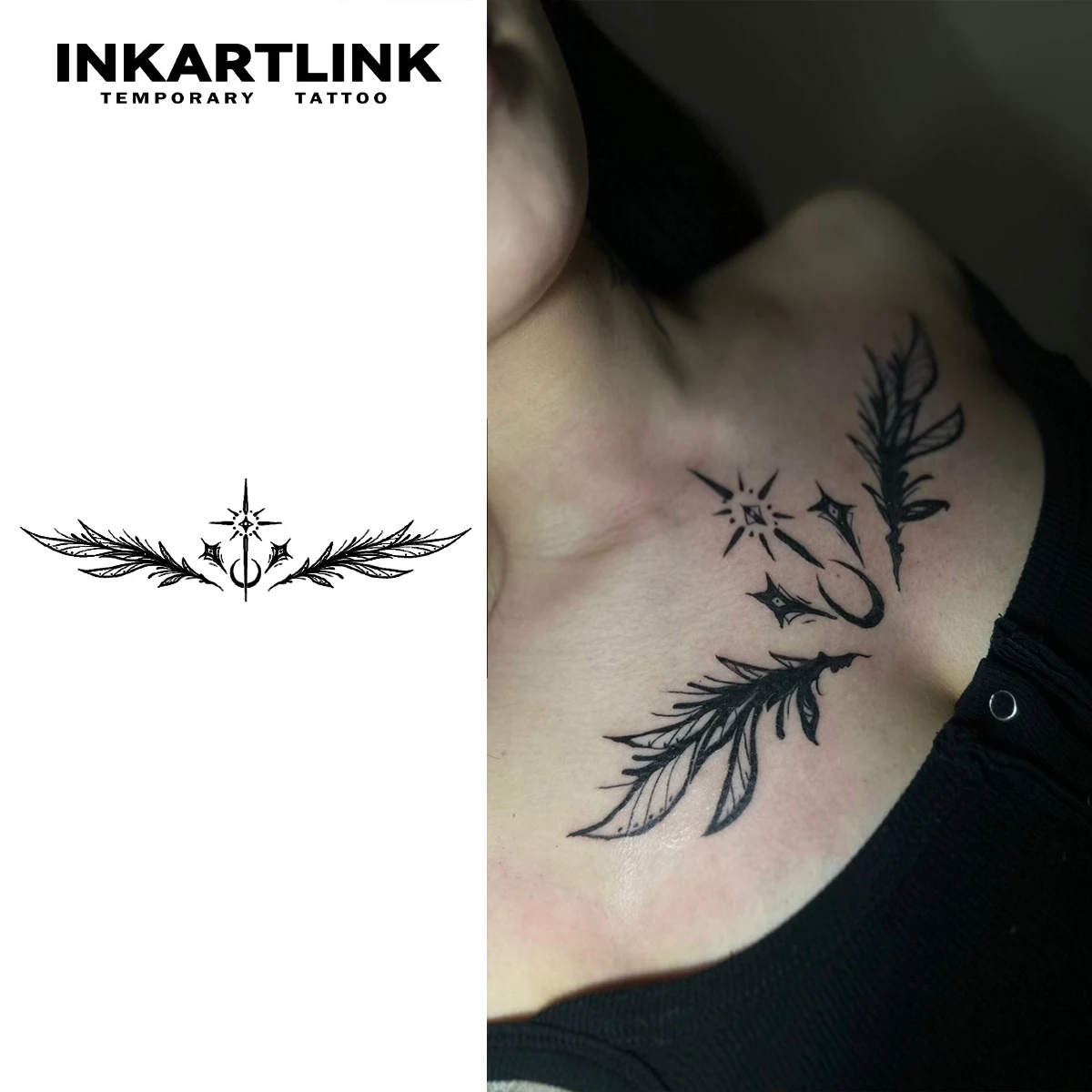 INKARTLINK Fine Line Feather Moon Star Temp Tattoo Sticker for Vacation, Festivals & Daily Chic Wear.