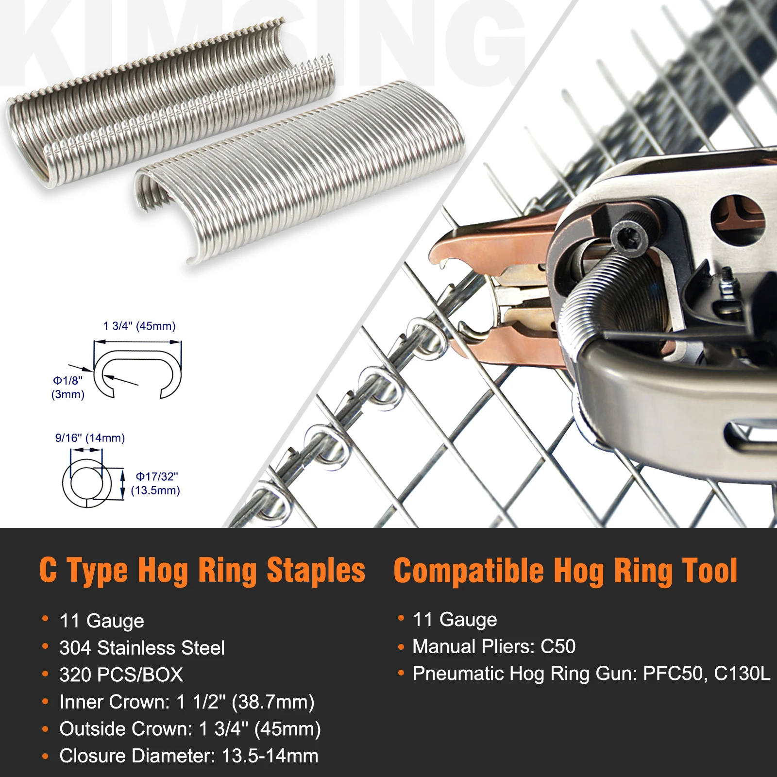 KAMSIN C50 304SS/Zinc11Gauge 38.7mm Crown C-Type Gun Nails,Hog ring staples 320PCS/Box for Wire Cages, Mattress, Gabion