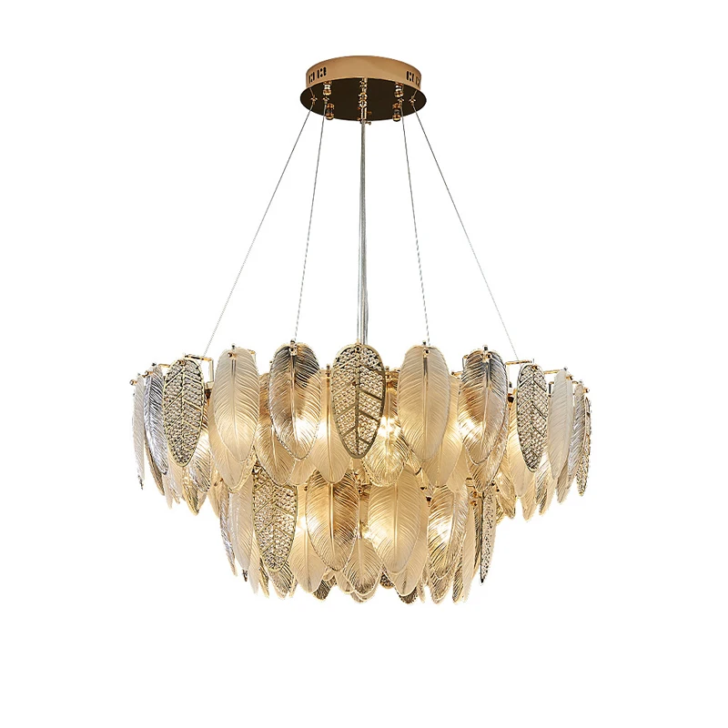 Dimmable LED Art Deco Golden Chrome Glass Leaves Chandelier Lighting Hanging Lamps Lustre Para Sala Estar For Dinning Room