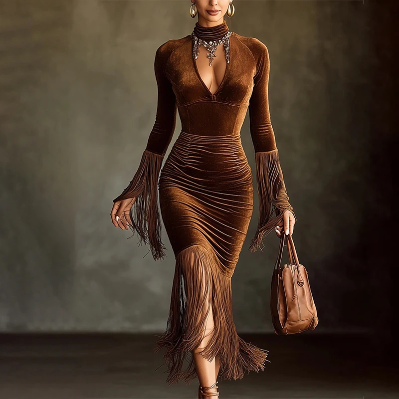 

Velvet Ruched Bodycon Women's Dress Elegant Deep V Neck Tassel Splicing Long Sleeve Evening Party Dress Fringe Hem Long Dress