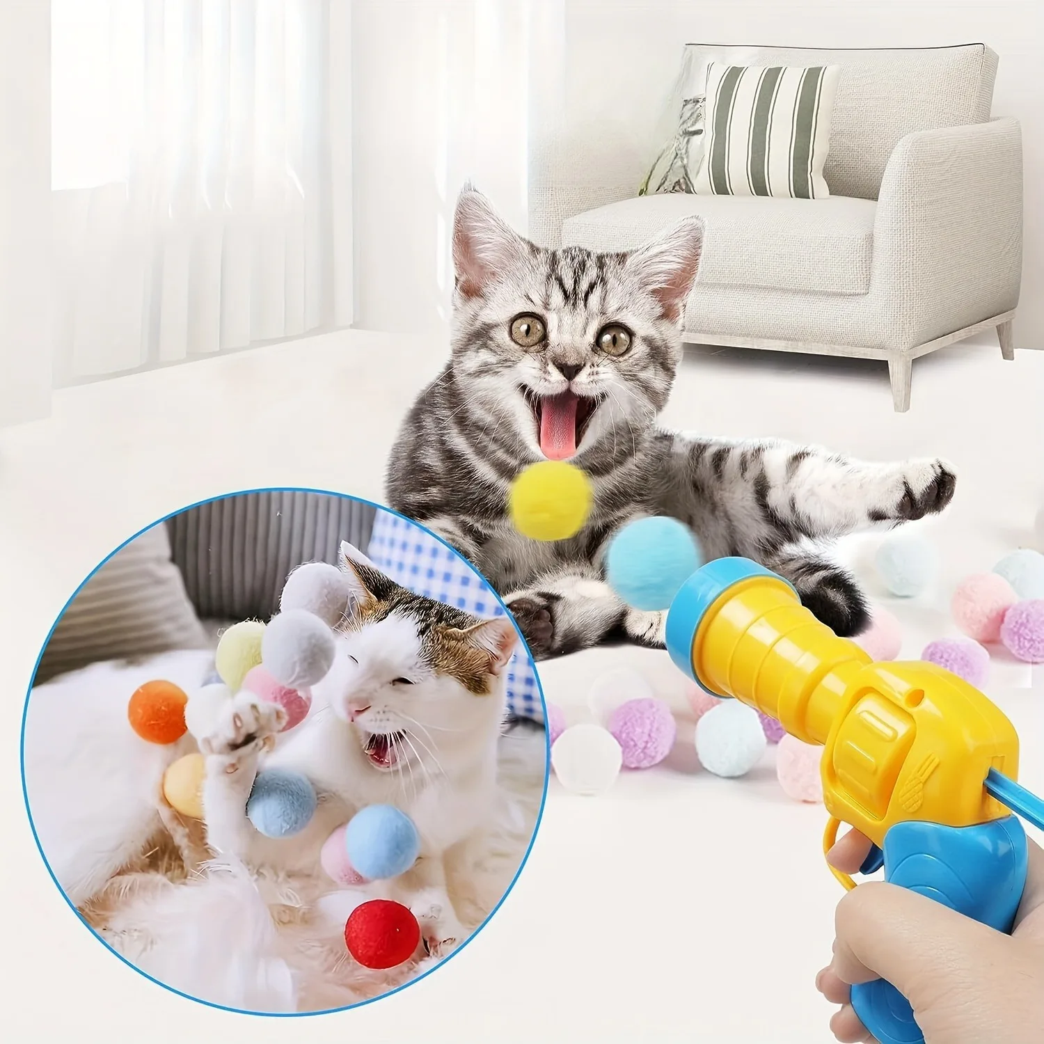 1 Set Cat Toy Interactive High Fun Toy Gun 20PCS Plush Ball Launches Quiet High Bounce Ball To Tease The Cat