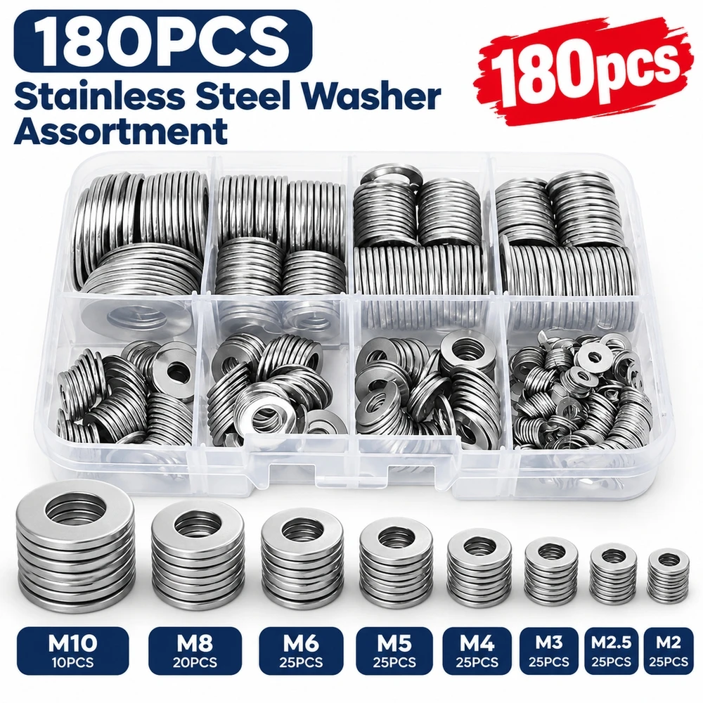 M2-M10 304 SS Flat Washer Assortment 180 Pcs Polished Finish High Durability Metal Parts for Industrial and Home Use