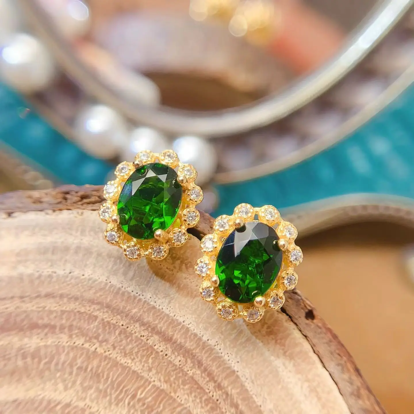 Classic 925 Silver Stud Earrings Natural Diopside Earrings 6mm*8mm 2ct Genuine Diopside Silver Earrings with 18K Gold Plating - Image 5