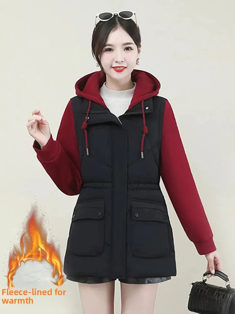 

Thiened Fce Women's Hooded Jaet Fake Two-Piece Slimming Top Korean Sle Commute Long Sve Zipper Closure Color