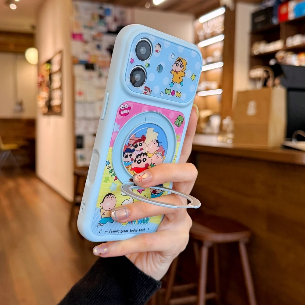 Cute Cartoon Japan Anime Crayon Shin-chan 360°Rotation Stand Phone Case For iPhone 17 16 15 14 13 Pro Max With Ring Holder Cover view 5