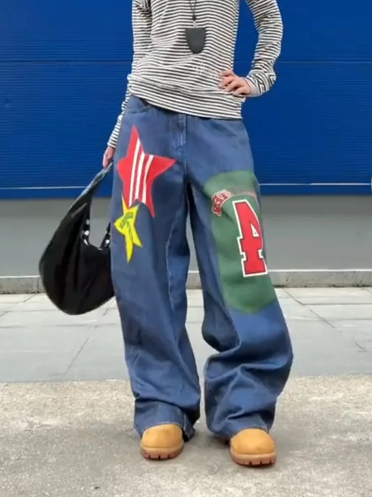 

Retro American Design Star Letter Print Wide Leg Jeans Women's Spicy Hip Hop Drag Floor Denim Pants High Waist Neutral Style