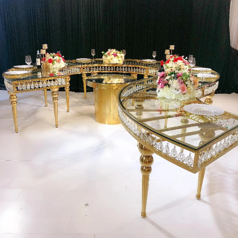 

Serpentine Table Luxury glass top gold stainless steel wedding table with crystal party hotel
