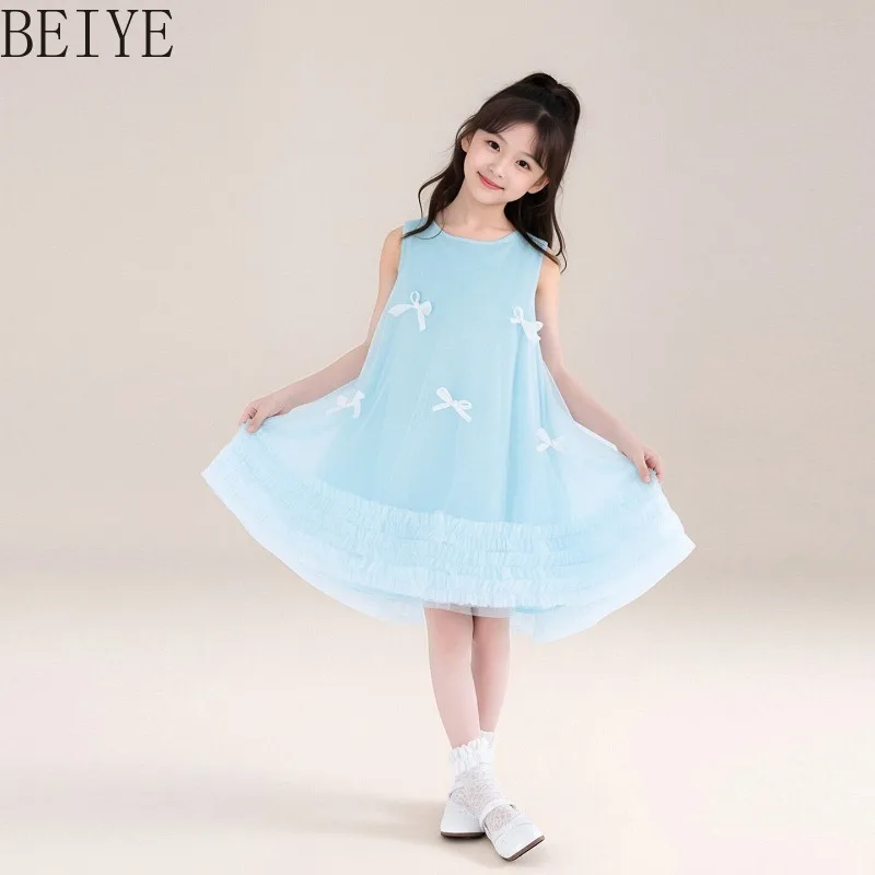 

Casual Vacation Beach Girls Dress Bow Mesh Princess Sleeveless Vest Dress Summer Children's Solid Color Sweet Bow Dress