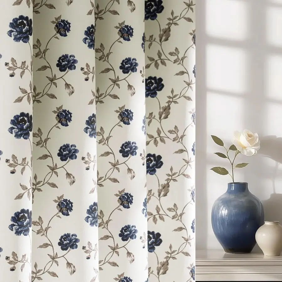 

Floral 100 Blackout Curtains 84 Inches Long 2 Panels for Bedroom Living Room Blue Brown on Beige Vintage Rose Flower Patterned R