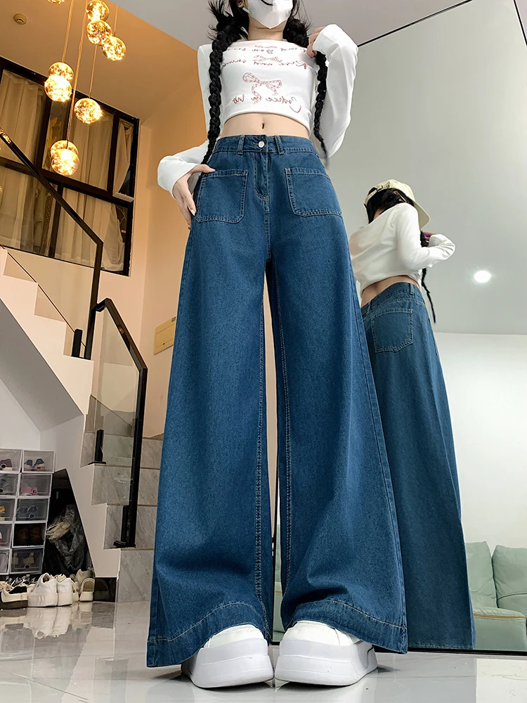 

Американские ретро-джинсы с высокой талией и широкими штанинами, женские свободные джинсы с эффектом утяжки бедер, прямые джинсы длиной 7/8, осень 2024