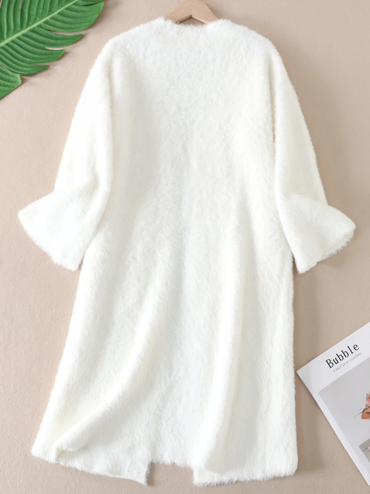 سترة نسائية محبوكة طويلة من Thiened معطف شتوي مع كيتات كبيرة دافئة من الفرو الصناعي وشعر طويل ملابس خارجية فضفاضة #4