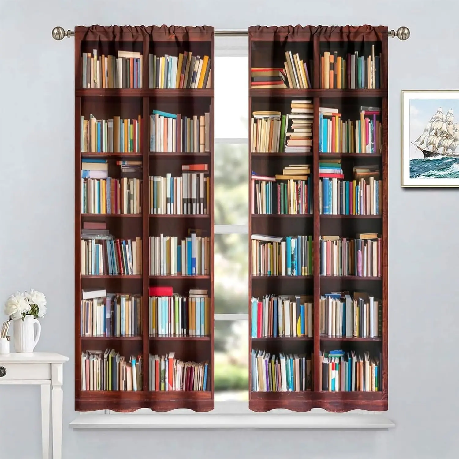 Bookshelf Curtains,Modern Vintage Library Books Educational Bookshelf Brown Wooden Bookcase Print Window Treatments Drapes for