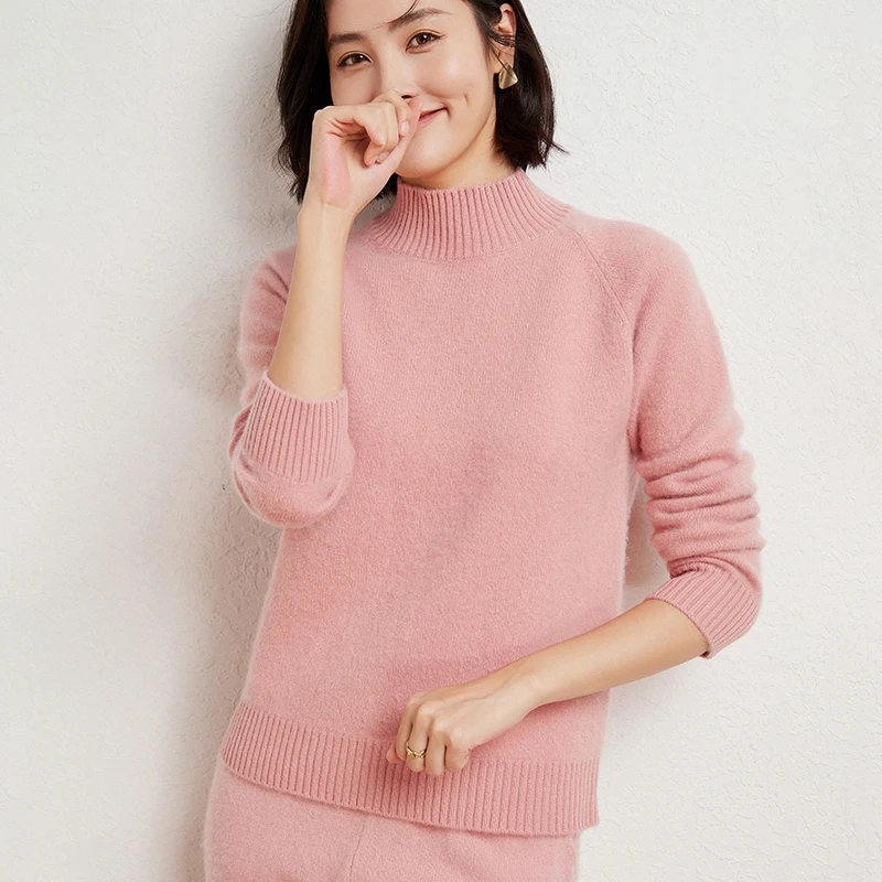 WinvyNee Women Merino Wool Pink Sweater Mock Collar Casual Outerwears Warm 2024 New Knitted Pullover Clothing Winter A1263020