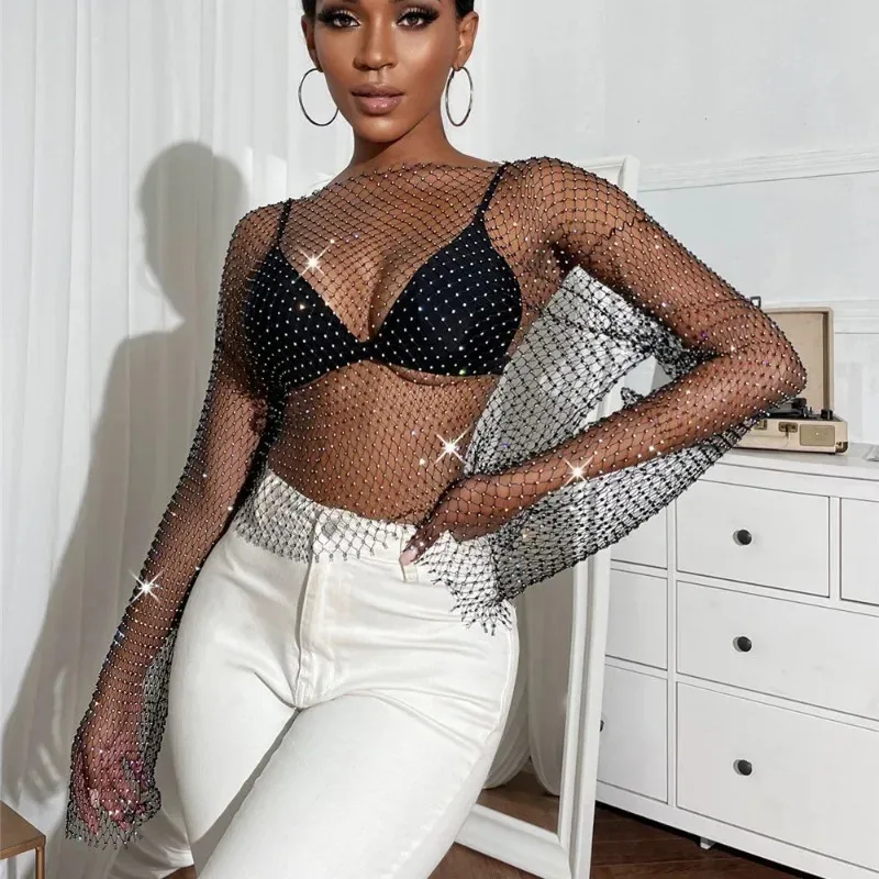 Y2k fishnet strass camiseta 2023 verão sexy malha topo feminino net ver através rave camisetas diamante moda boate coágulo ged