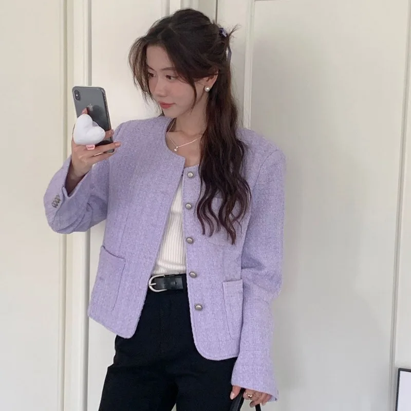Small Fragrant Wind Purple Jacket Women\'s Spring New Retro Short Coat Loose Temperament Outwear Round Neck Long Sleeved Top