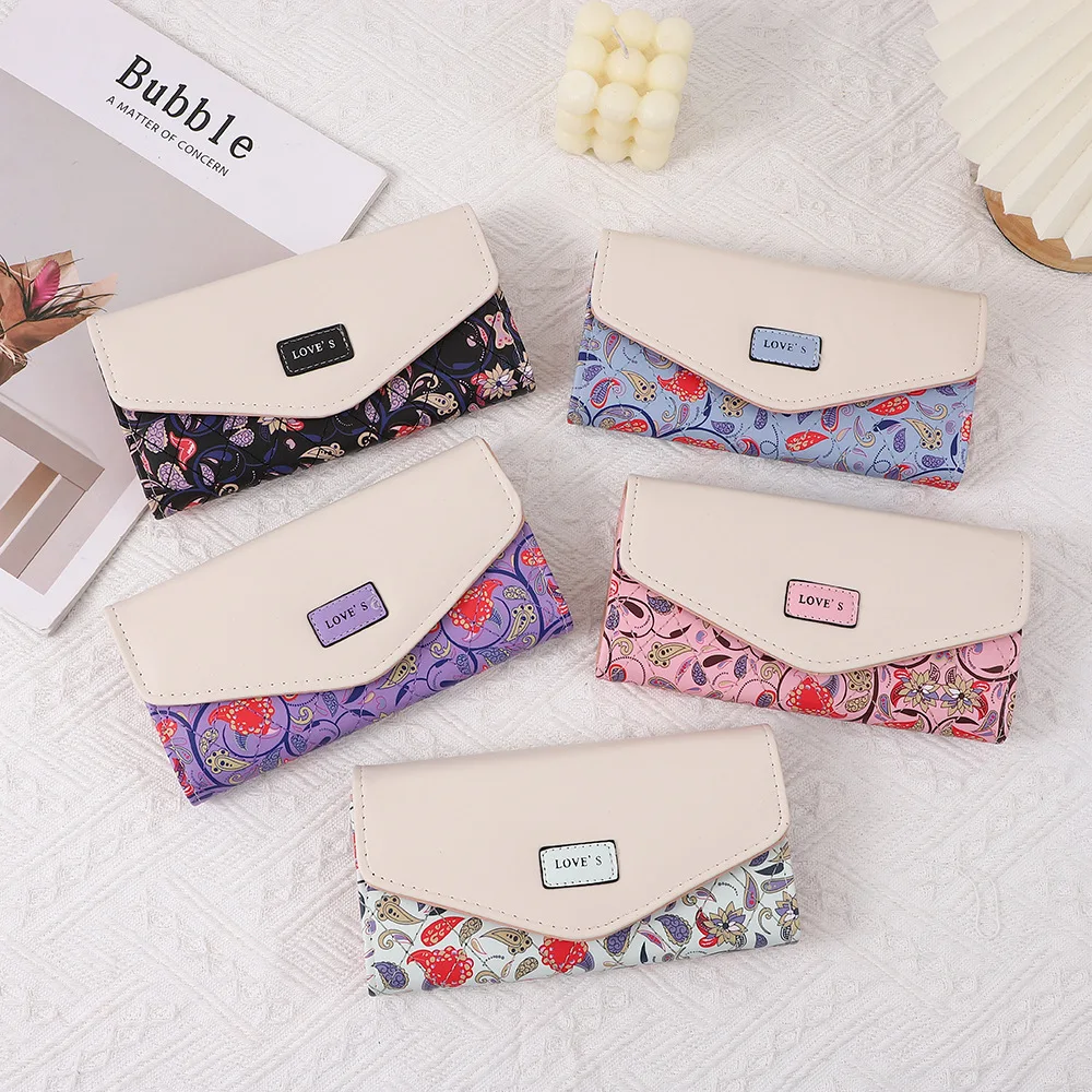 New Korean Women's Wallet Bag - Pastoral Floral Contrast Color, Tri-Fold Envelope Buckle Zipper Purse
