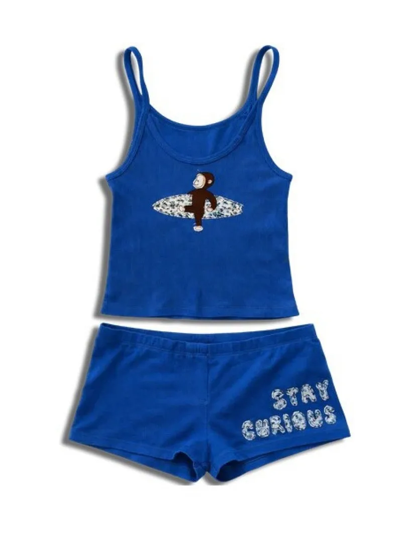 Conjunto de Top e Shorts com Estampa de Macaco Azul Royal Retro Y2K para Mulheres, Ajuste Slim, Moda de Rua, Roupas Casuais de Lazer, Conjunto de Duas Peças.