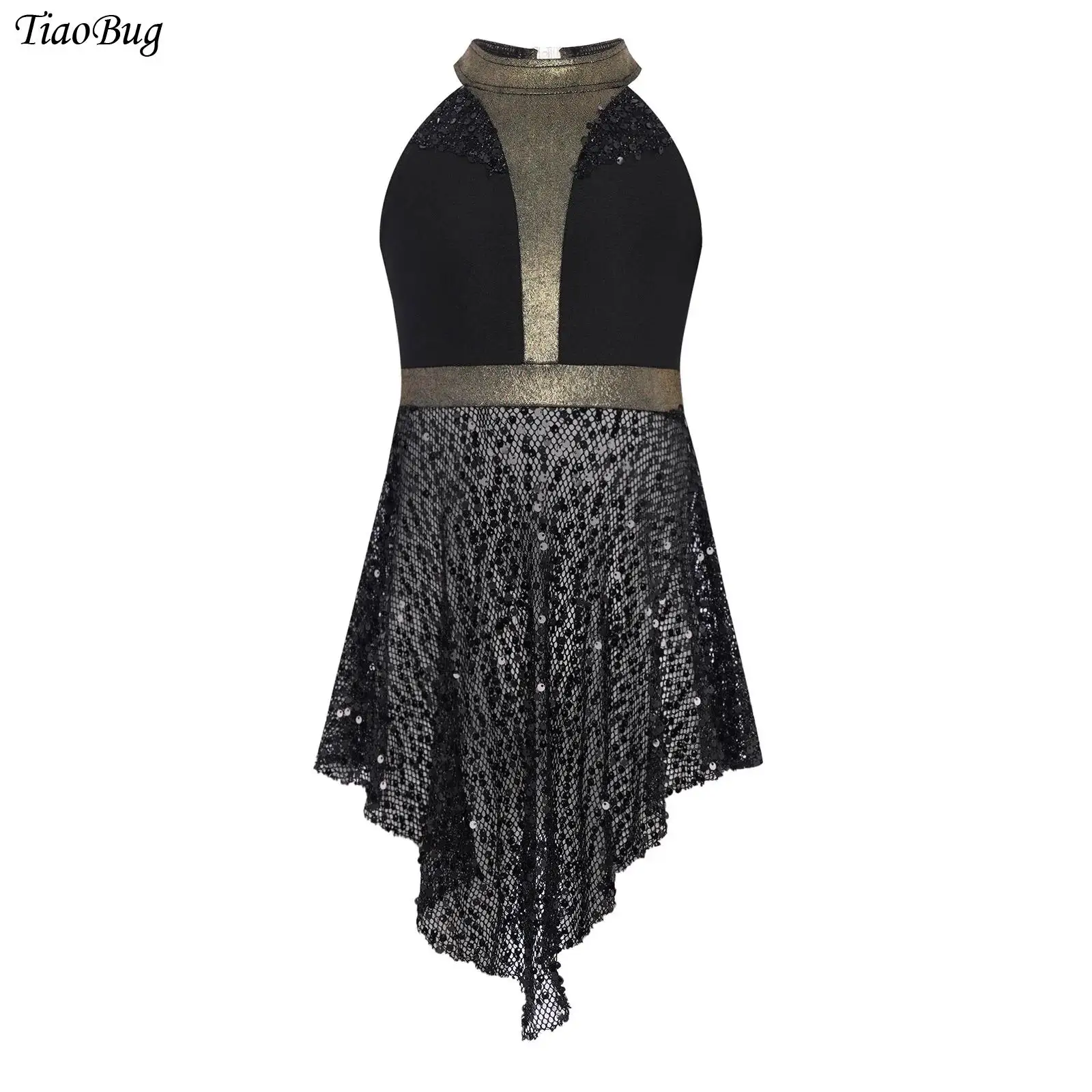 

Kids Girls Ballet Lyrical Dance Tops Overalls Shiny Sequins Sleeveless Hollow Out Mesh Irregular Hem Skirt Dress Jazz Dance Top