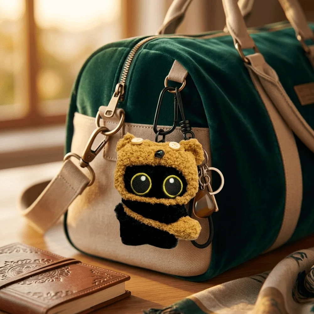 Plush Made Black Cat Keychain Soft Stuffed Comfortable To Touch Cartoon Bag Charm Lightweight Sturdy Hanging Clasp
