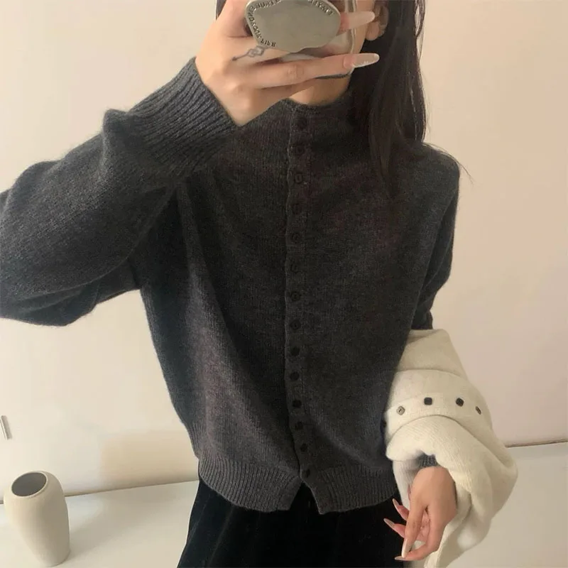 Autumn Winter Knitted Cardigan for Women Fashion Button-Up Stand Collar Sweater Woman High Quality Soft Gray Jersey Cardigan