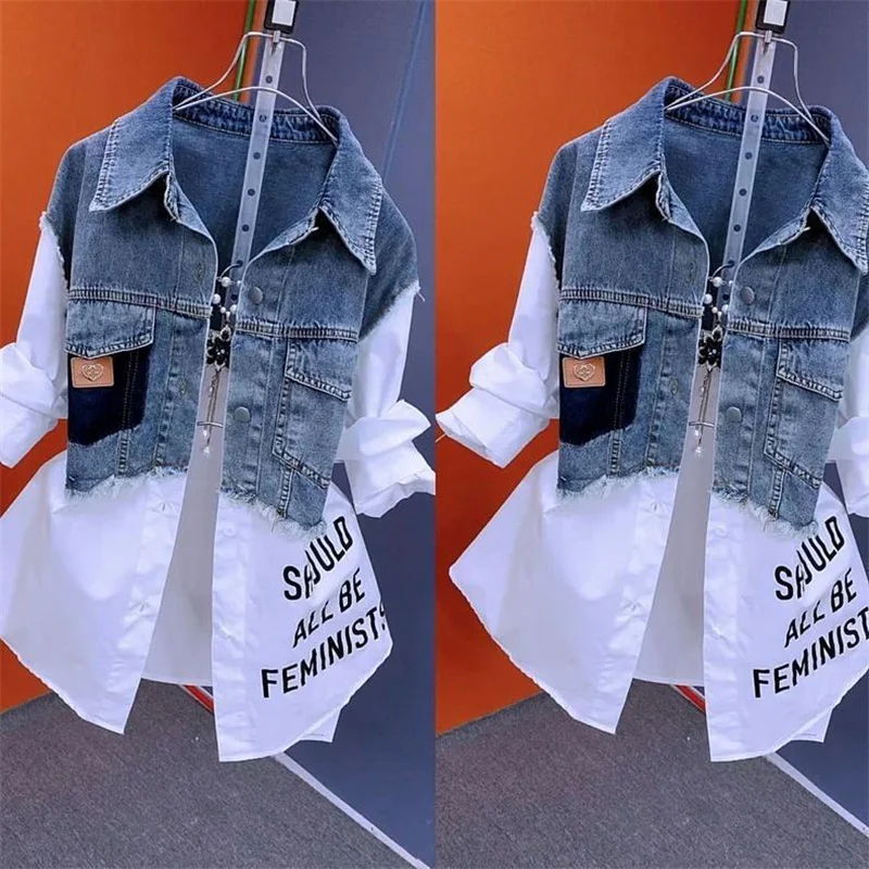 Women's Denim Jacket Design Fake Two Denim Shirts Women's 2024 Spring and Autumn Casual Fashion Joker Stitching Striped Tops