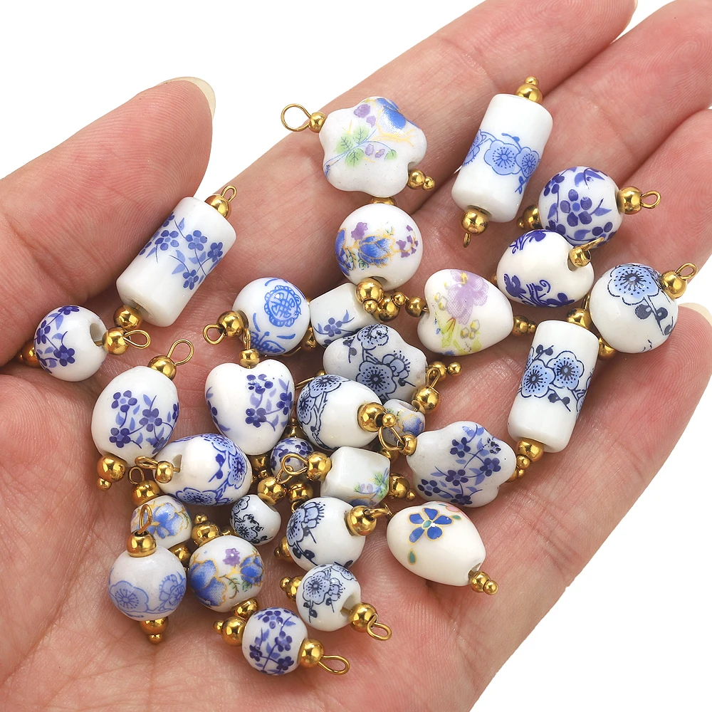 10pcs Blue and White Porcelain Charms For Jewelry Making Ceramics Pendants Jewelry Earrings Necklace Connectors Heart Charm