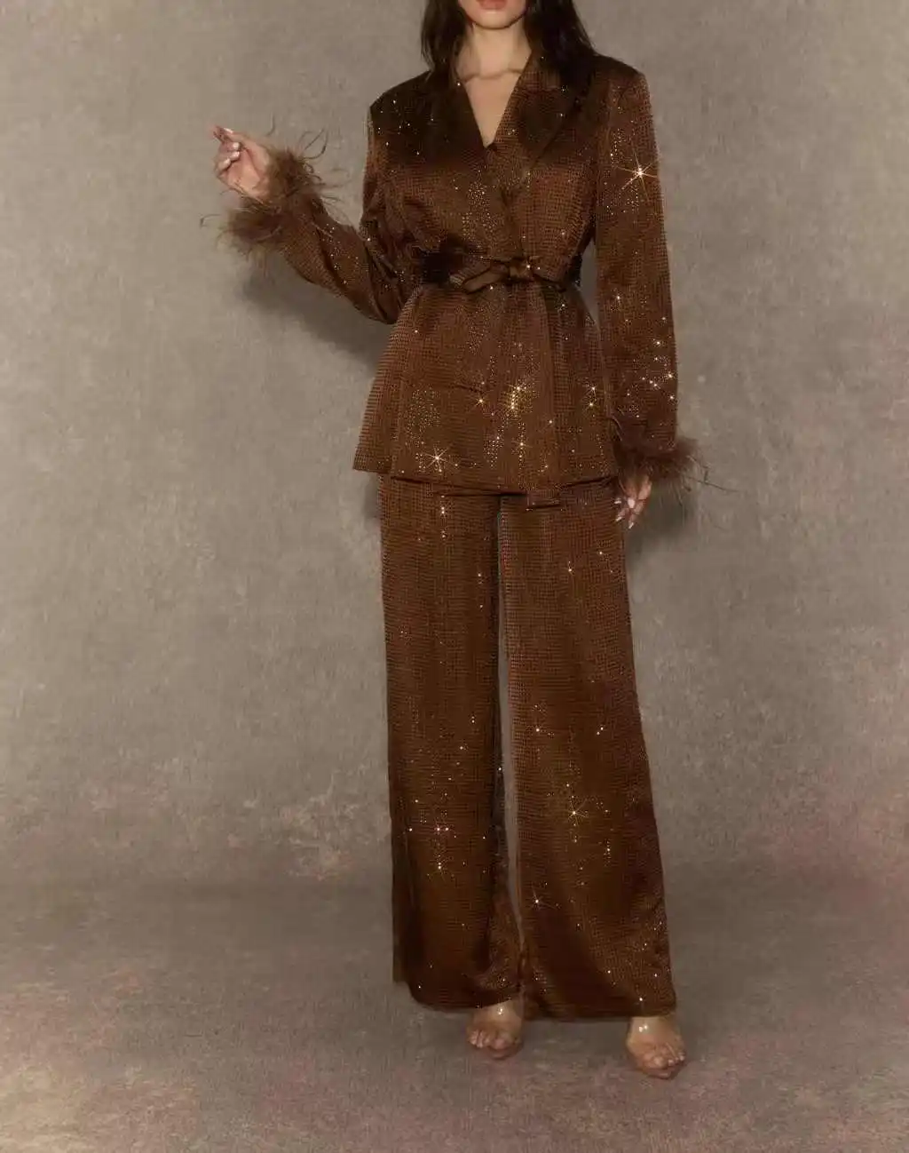 

Brown Feather Shiny Women Suit Pants Set 2 Pcs Blazer+Belted Trousers Prom Formal Office Lady Jacket Wedding Coat Customized